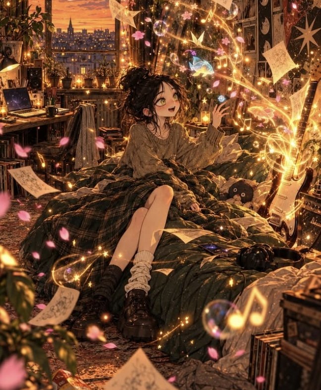 Anime girl on a bed in a glowing room full of flying music sheets and lights