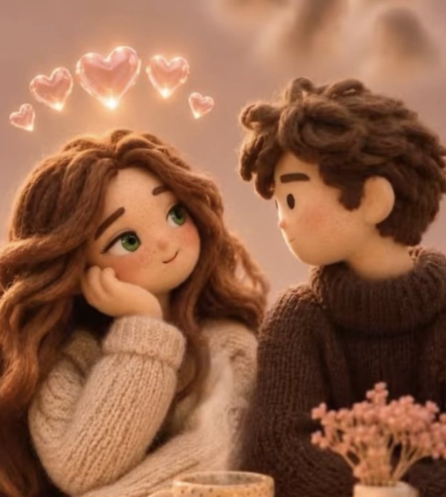 Felt and wool couple, she smiles with her chin on her hand, hearts above them