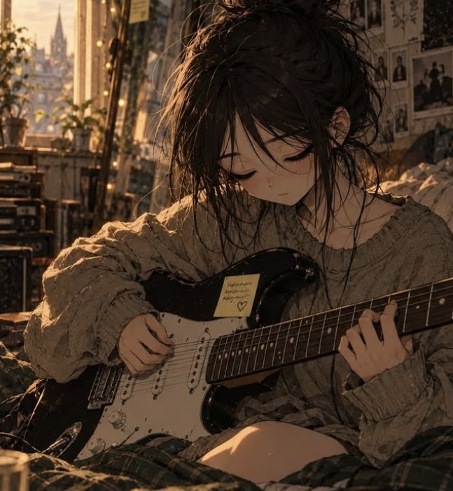 Anime girl with her eyes closed playing an electric guitar in a messy room