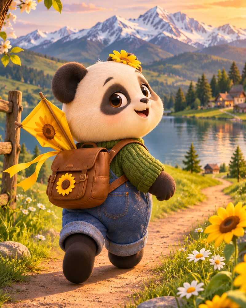 Hima the panda walking along a mountain path with a sunflower kite in the backpack