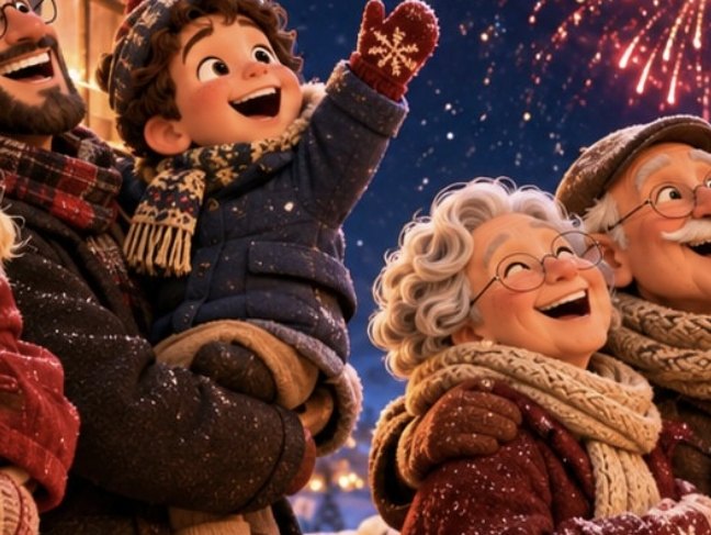Animated family with a child on his father's shoulders watching New Year fireworks