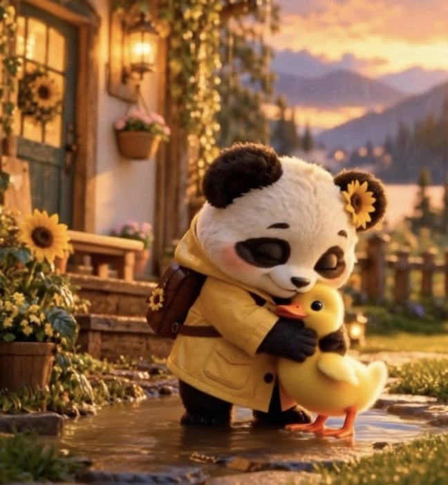 Hima in a yellow raincoat hugging a duckling