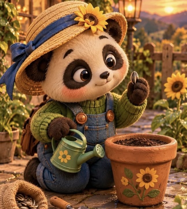Hima kneeling with a watering can next to a flower pot