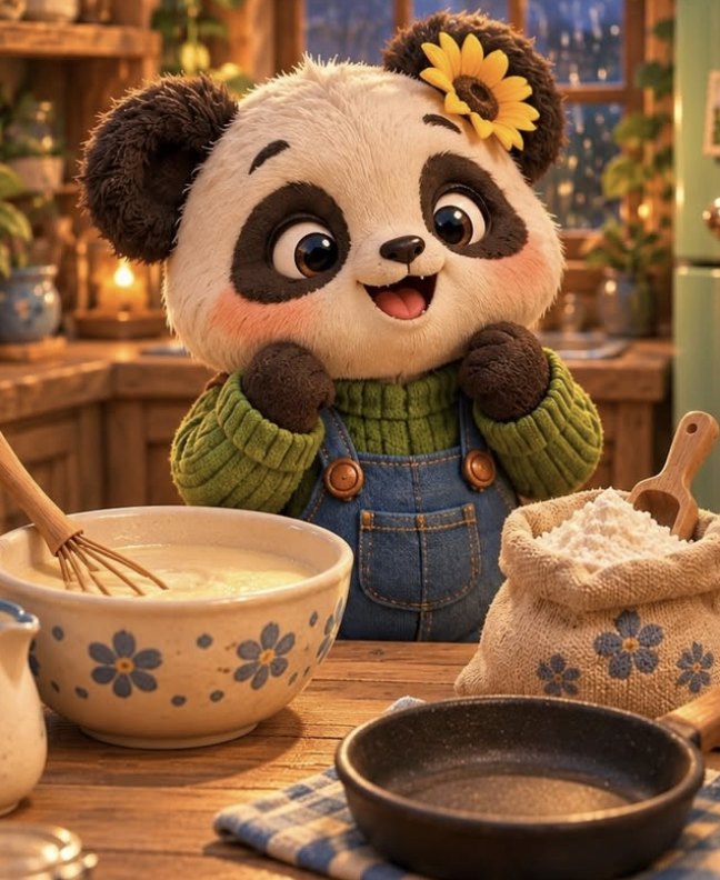 Hima the panda smiling at a kitchen table with a bowl of pancake batter on a rainy morning