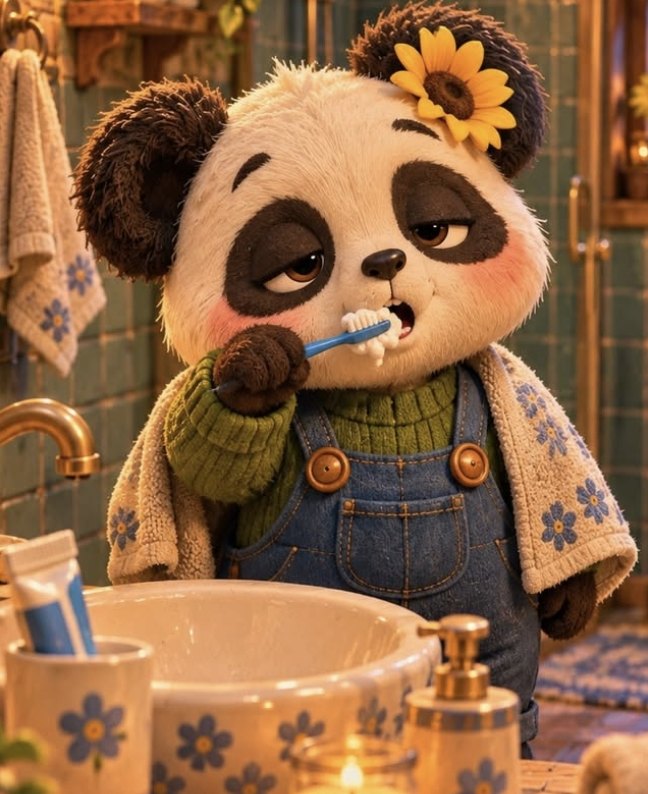 Sleepy Hima brushing teeth at a sink