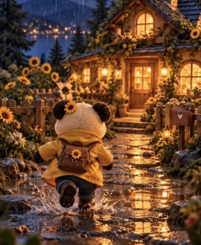 Hima the panda in a yellow raincoat running along a wet path to a glowing cottage