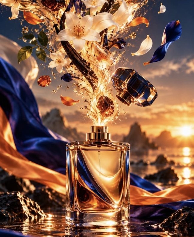 Perfume bottle on wet rocks at sunset with lilies and silk ribbons bursting upward