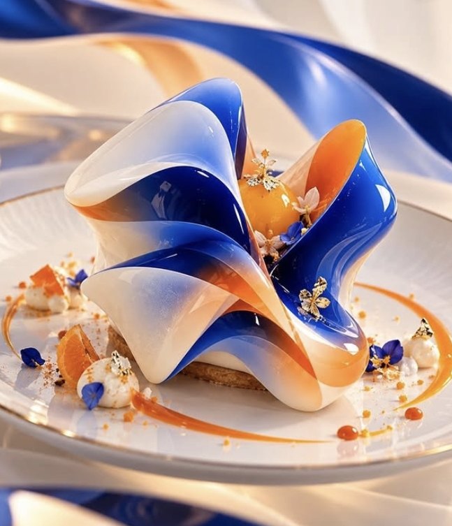 Glossy blue and orange dessert shaped like ribbons on a white plate