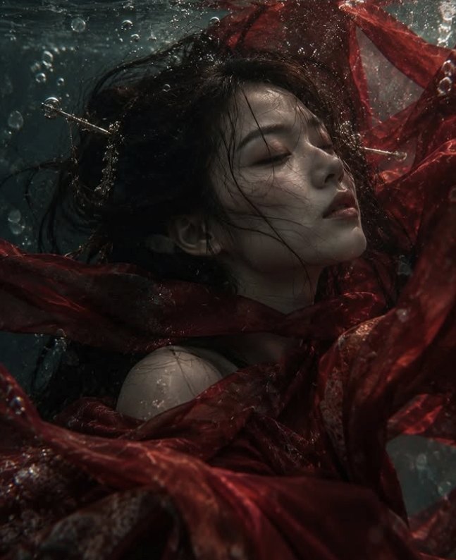 Woman floating underwater wrapped in red silk with a hairpin in her hair