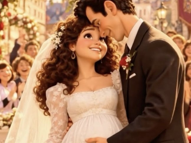 Animated bride and groom touching foreheads at a wedding full of guests